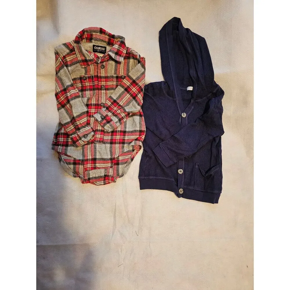 3 pieces - 18m Hudson jeans, 18m Osh Kosh flannel onesie, 12-18m cozii top